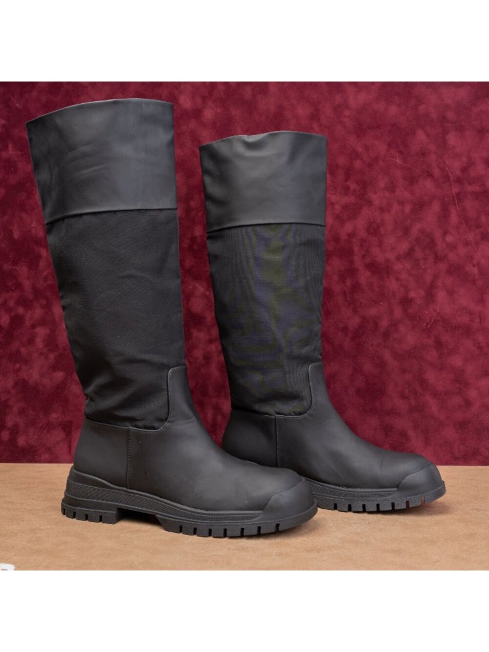 Zara Wmn Black Rubber Nylon Waterproof Wellies Festival Chunky Boots 9.5US EUR40